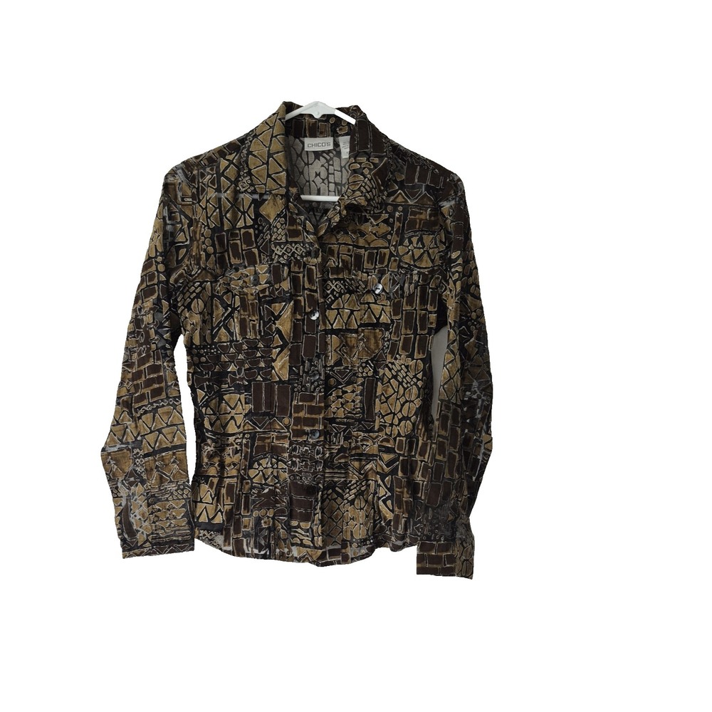 Chico's Blouse Womens 0 Brown Green Aztec Geometric Pattern Sheer Long‎ Sleeve